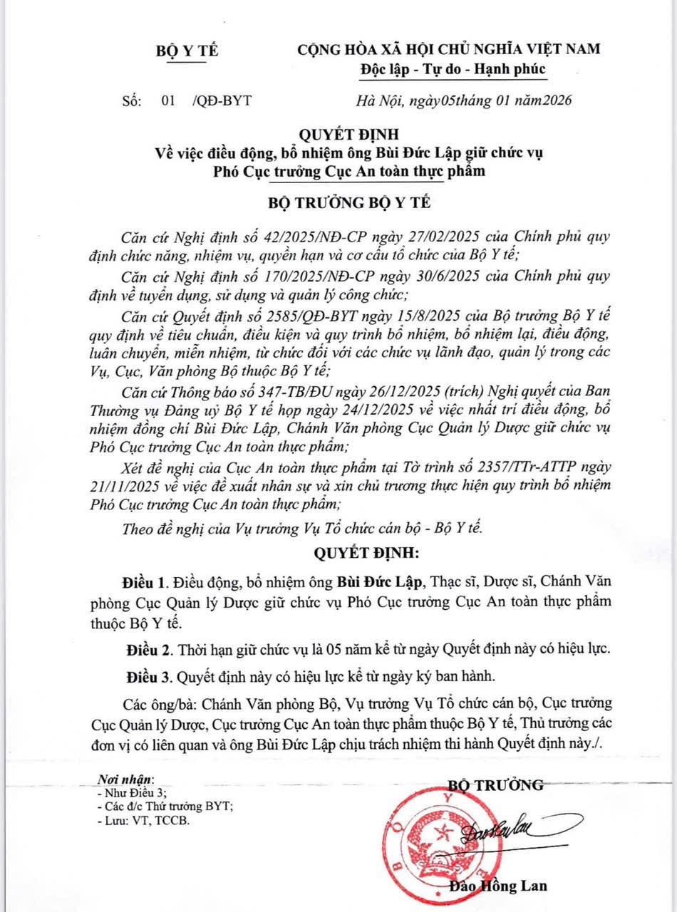 Bổ nhiệm Ph&oacute; Cục trưởng Cục An to&agrave;n thực phẩm: &Ocirc;ng B&ugrave;i Đức Lập nhận Quyết định mới - Ảnh 1.