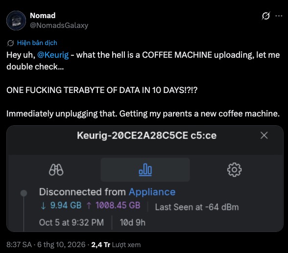 Máy pha cà phê Keurig gây tê liệt mạng Wi - Fi với 1 TB lưu lượng trong 10 ngày - Ảnh 1. Máy pha cà phê Keurig gây tê liệt mạng Wi - Fi với 1 TB lưu lượng trong 10 ngày - Ảnh 1.