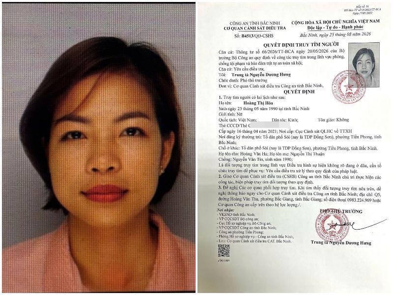 Công an Bắc Ninh truy tìm Hoàng Thị hòa , sinh năm 1990 liên quan đến Lạm dụng tín nhiệm - Ảnh 1. Công an Bắc Ninh truy tìm Hoàng Thị hòa , sinh năm 1990 liên quan đến Lạm dụng tín nhiệm - Ảnh 1.