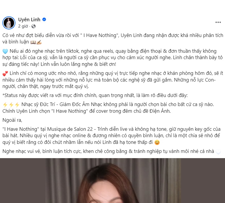 Uyên Linh phản hồi tranh cãi sau màn cover I Have Nothing tại Musique de Salon 22 - Ảnh 1. Uyên Linh phản hồi tranh cãi sau màn cover I Have Nothing tại Musique de Salon 22 - Ảnh 1.