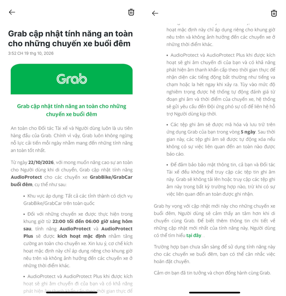 Tính năng AudioProtect của Grab được kích hoạt mặc định cho chuyến xe đêm từ 2026 - Ảnh 1.