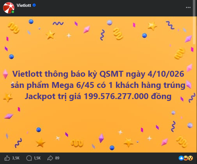 Một người vừa tr&uacute;ng số Vietlott 199.576.277.000 đồng: Lập kỷ lục Jackpot Mega 6/45 sau 10 năm - Ảnh 1.