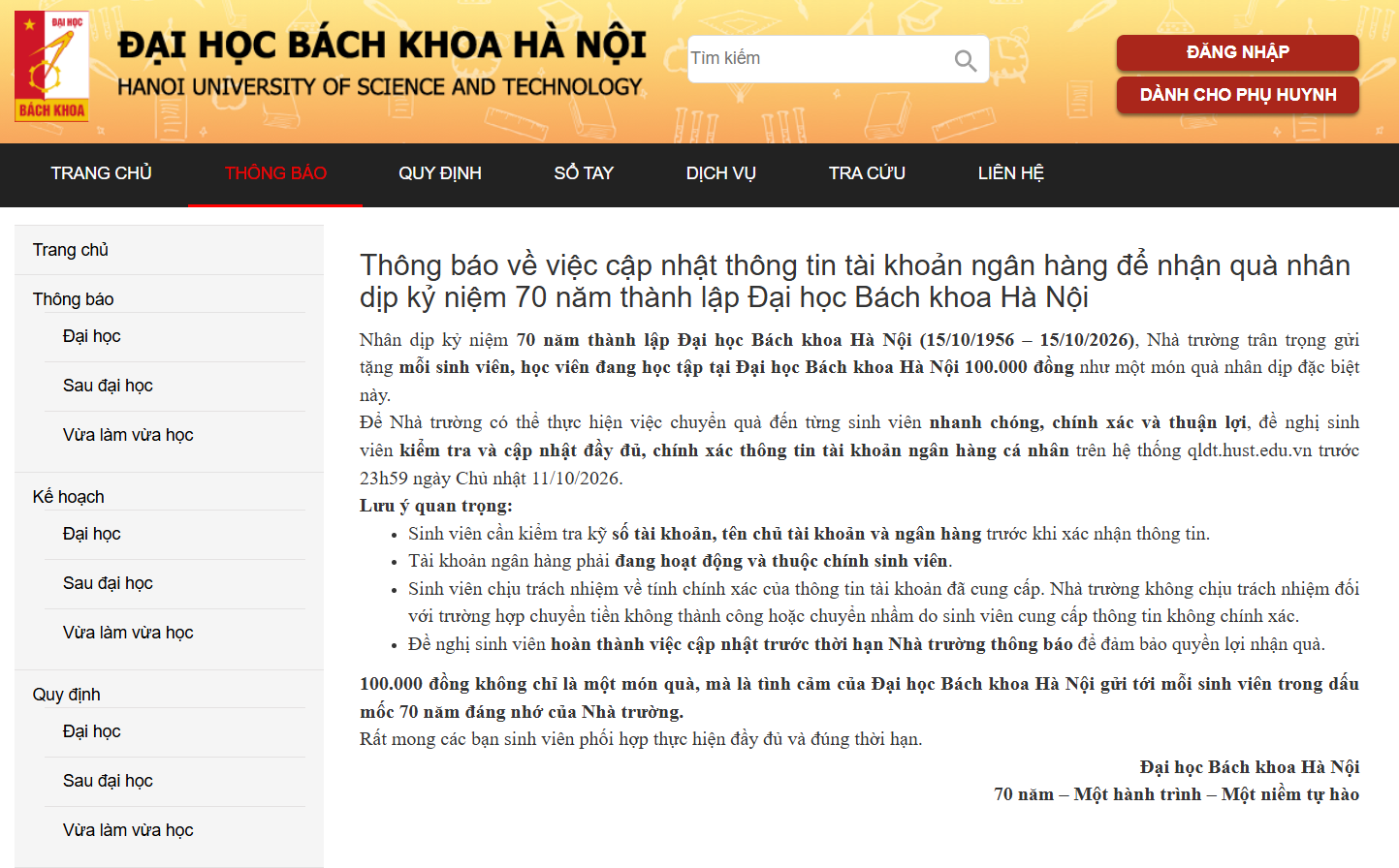 Đại học Bách khoa Hà Nội tặng mỗi sinh viên 100.000 đồng, chuyển vào tài khoản ngân hàng - Ảnh 1.