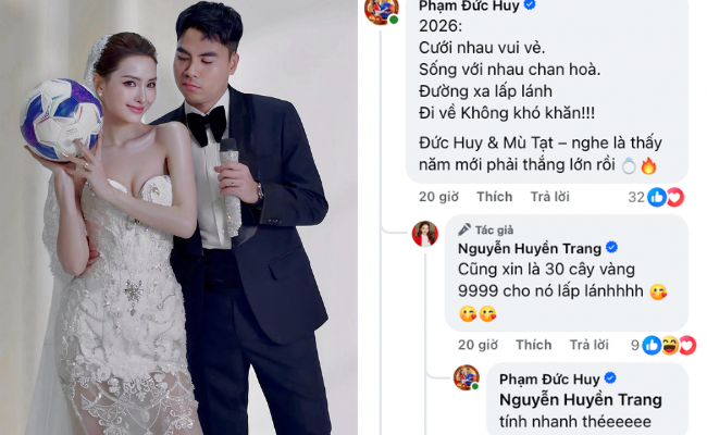 MC Huyền Trang Mù Tạt tung ảnh cưới xịn cùng tuyển thủ Việt Nam ngay năm mới, còn "xin" 30 cây vàng 9999 gây choáng - Ảnh 1.