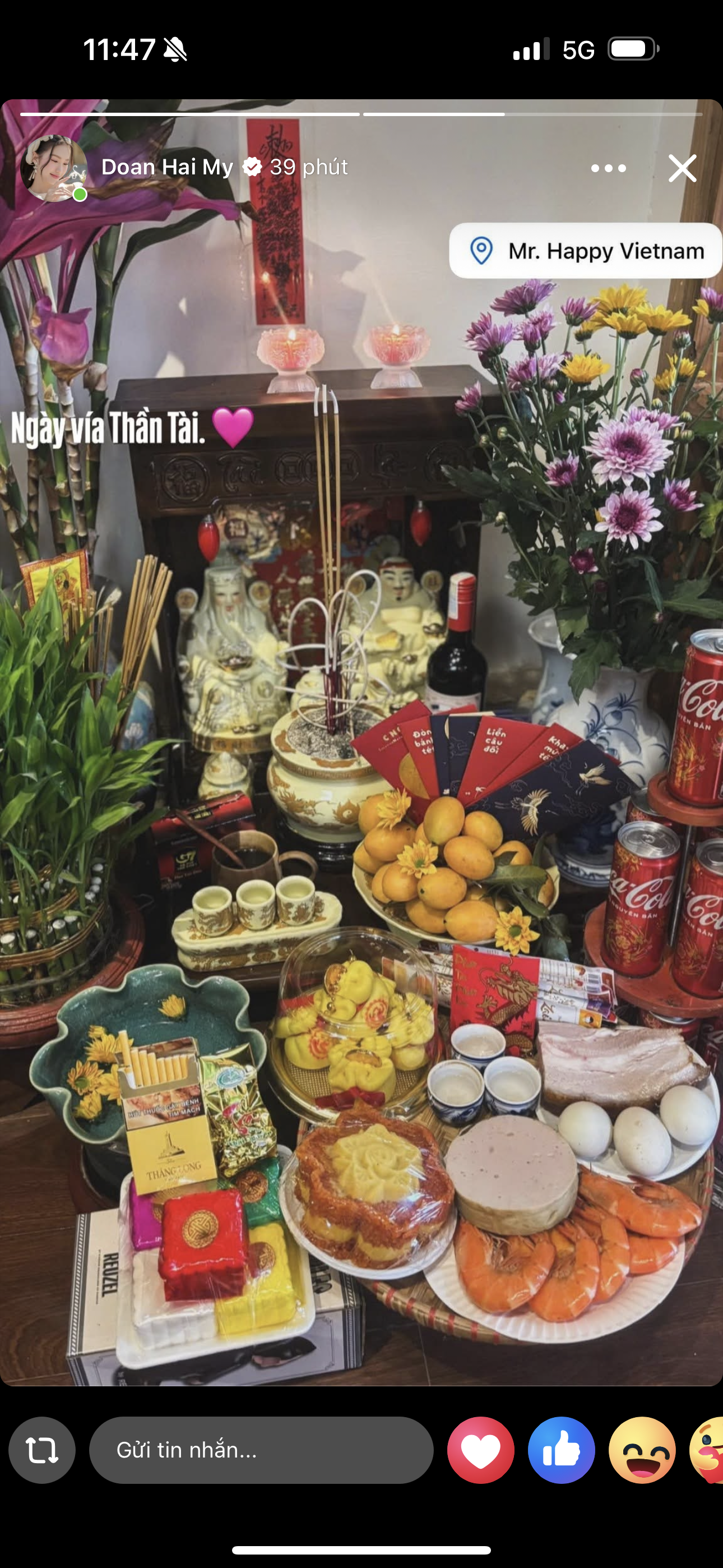 Do&atilde;n Hải My v&agrave; vợ B&ugrave;i Tiến Dũng khoe m&acirc;m c&uacute;ng ng&agrave;y v&iacute;a Thần T&agrave;i: Mong cầu tấn t&agrave;i tấn lộc!- Ảnh 1.