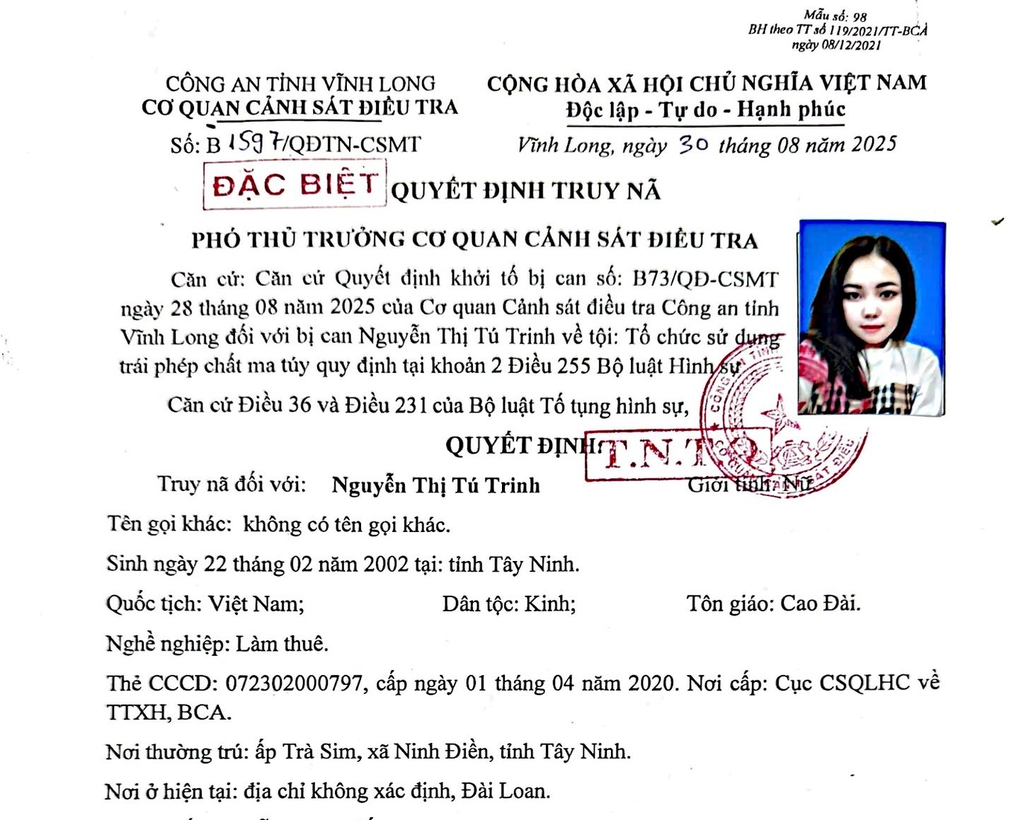 Truy nã toàn quốc Nguyễn Thị Tú Trinh về tội ma túy năm 2024 - Ảnh 1. Truy nã toàn quốc Nguyễn Thị Tú Trinh về tội ma túy năm 2024 - Ảnh 1.