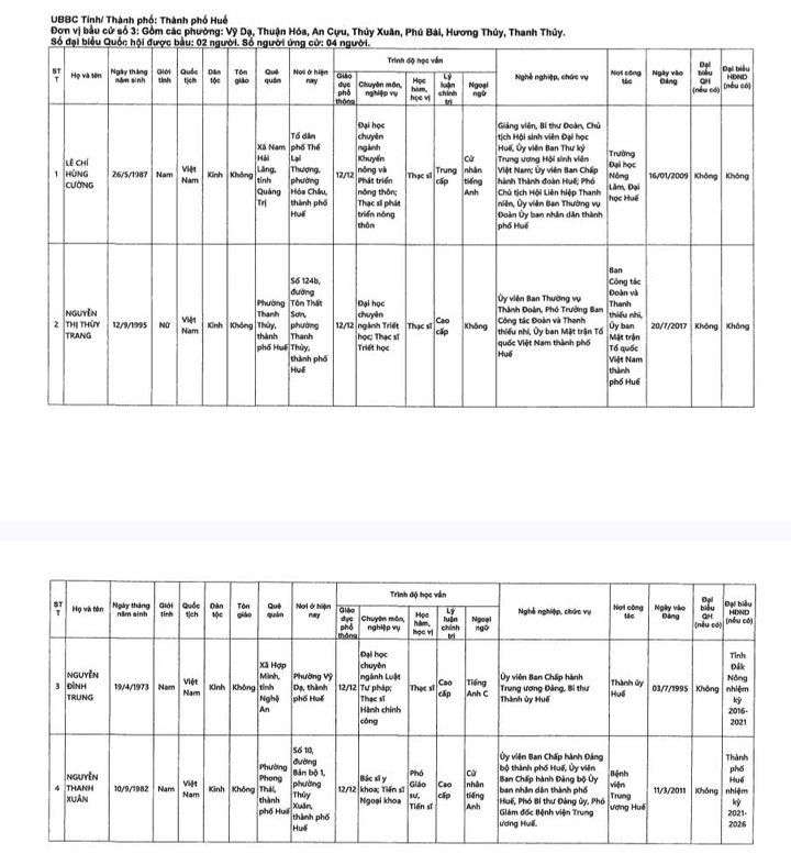 Danh s&aacute;ch ứng cử vi&ecirc;n Quốc hội TP Huế Kh&oacute;a XVI với 17 người tham gia - Ảnh 4.