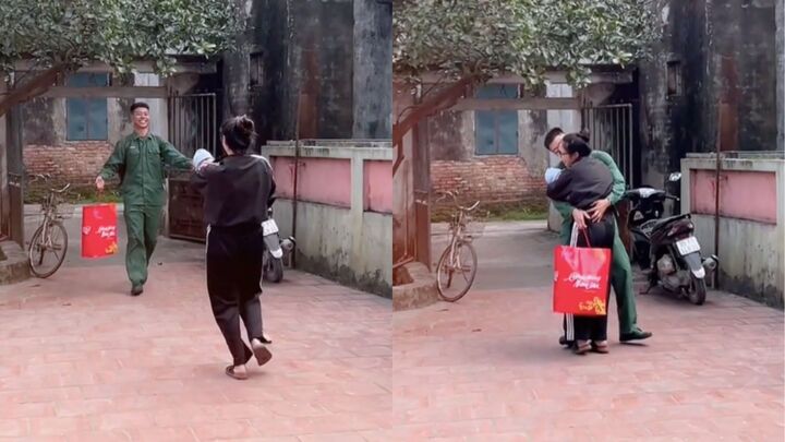 Xúc động khoảnh khắc anh bộ đội lao đến ôm vợ và con sơ sinh trong ngày trở về- Ảnh 1.