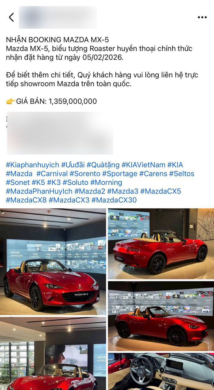 Mazda MX-5 2026 nhận đặt cọc tại Việt Nam: Sale b&aacute;o gi&aacute; 1,359 tỷ đồng, rẻ hơn BRZ, dự kiến giao xe th&aacute;ng 5/2026- Ảnh 1.