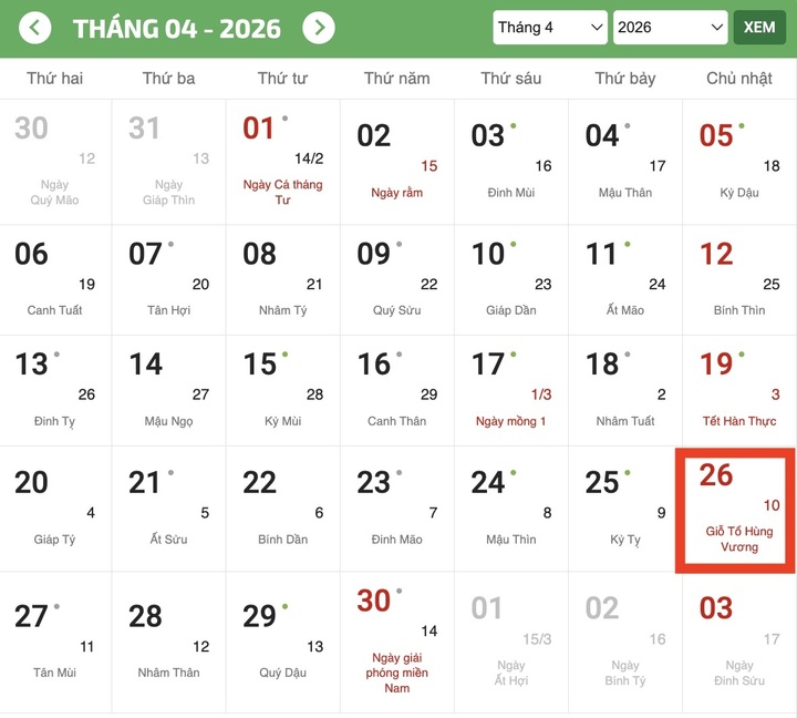 Giỗ Tổ H&ugrave;ng Vương 2026 l&agrave; ng&agrave;y mấy Dương lịch v&agrave; lịch nghỉ lễ - Ảnh 1.