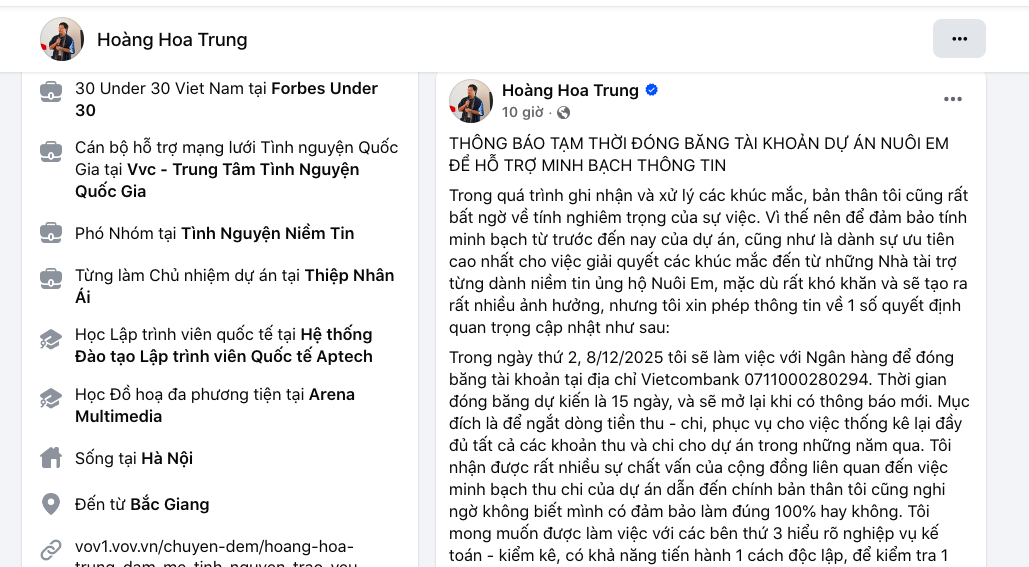 Facebook &ocirc;ng Ho&agrave;ng Hoa Trung biến mất giữa l&ugrave;m x&ugrave;m dự &aacute;n Nu&ocirc;i em năm 2026 - Ảnh 2.