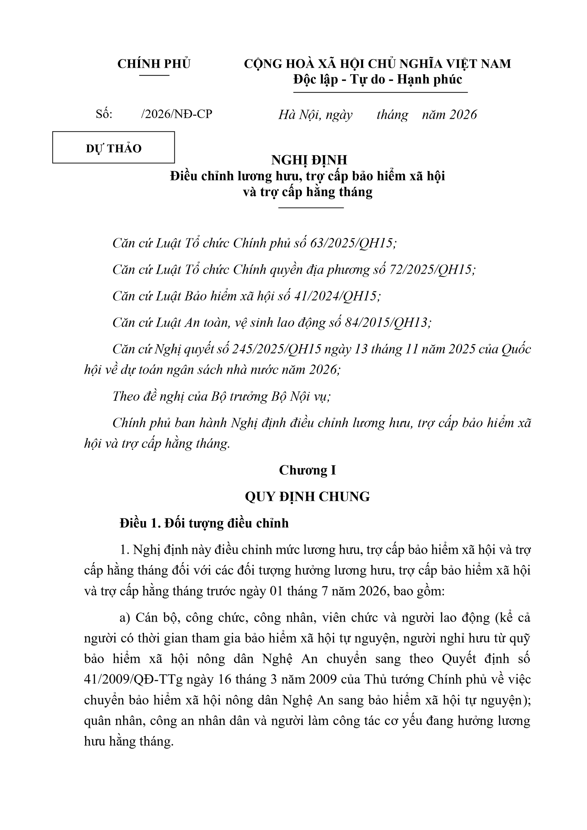 Dự thảo Nghị định điều chỉnh lương hưu 2026 v&agrave; trợ cấp bảo hiểm x&atilde; hội mới - Ảnh 1.
