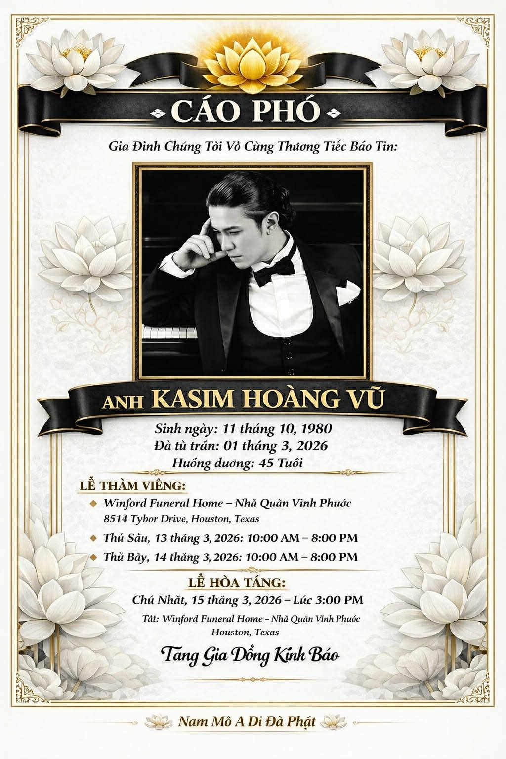 Th&ocirc;ng tin tang lễ của Kasim Ho&agrave;ng Vũ - Ảnh 1.