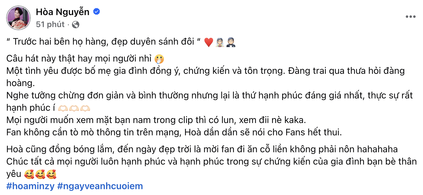 H&ograve;a Minzy c&ocirc;ng khai bạn trai c&oacute; bố mẹ l&agrave; n&ocirc;ng d&acirc;n, b&aacute;n rau, vải, ng&ocirc;, được gia đ&igrave;nh đ&agrave;ng g&aacute;i ưng &yacute;- Ảnh 1.