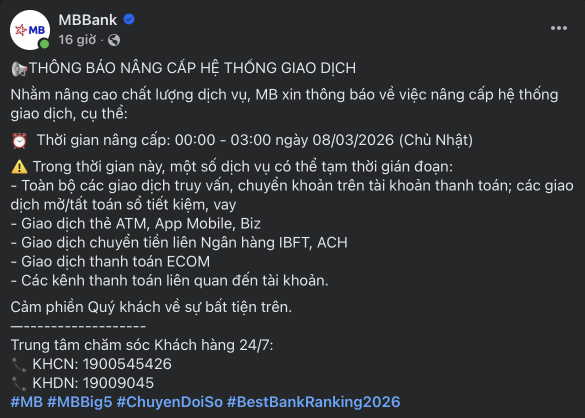 Kh&aacute;ch h&agrave;ng MB lưu &yacute; về gi&aacute;n đoạn giao dịch chuyển khoản v&agrave;o cuối tuần 2026 - Ảnh 1.
