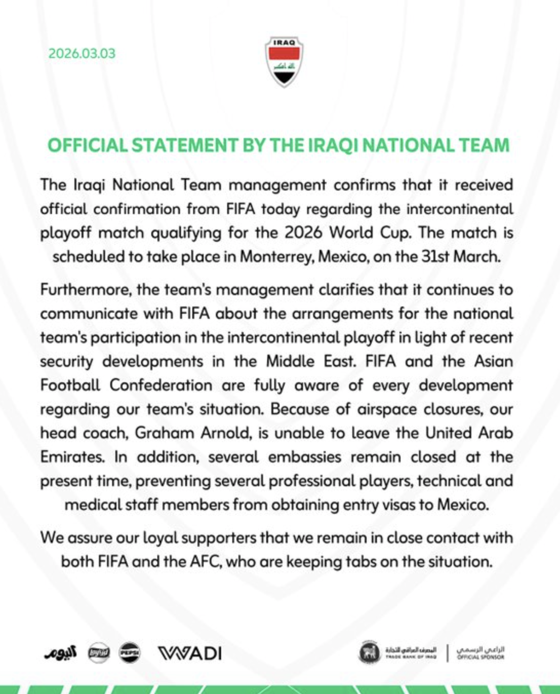 Iraq yêu cầu FIFA hoãn trận play-off World Cup - Ảnh 1.