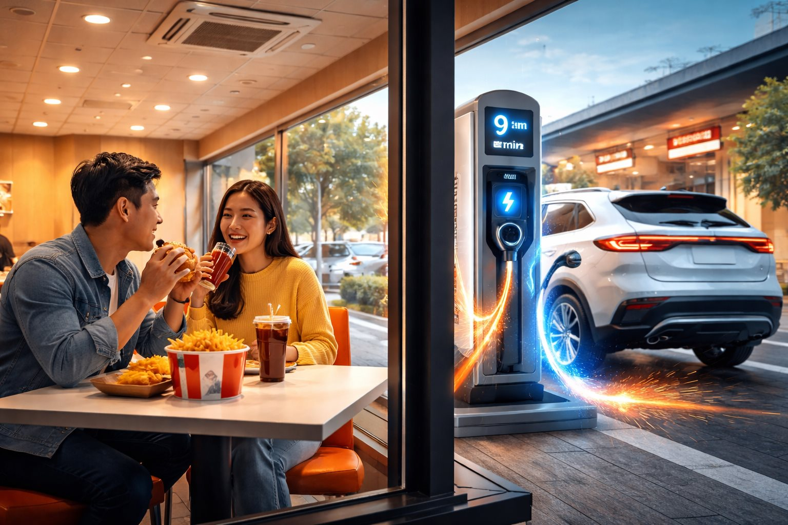 Xăng đắt , doanh nghiệp KFC v&agrave; BYD kết hợp sạc xe điện v&agrave; ẩm thực nhanh chỉ trong 10 ph&uacute;t - Ảnh 1.