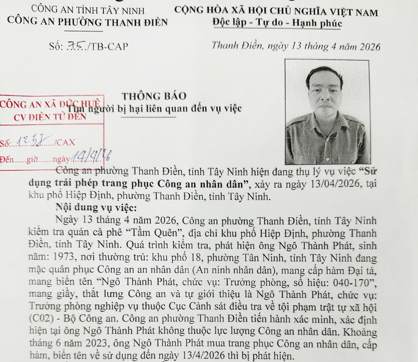 Giả danh c&ocirc;ng an tại T&acirc;y Ninh , người đ&agrave;n &ocirc;ng lừa đảo suốt thời gian d&agrave;i - Ảnh 1.