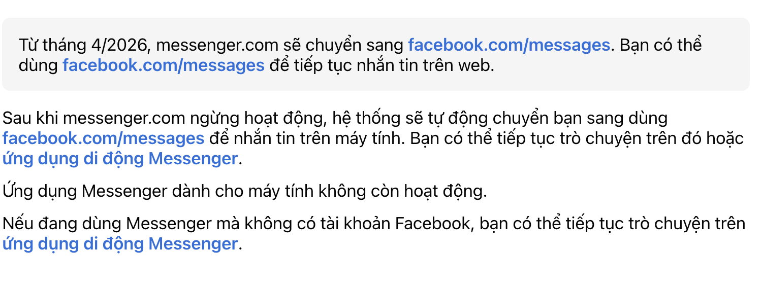 Messenger đ&oacute;ng cửa tr&ecirc;n tr&igrave;nh duyệt web từ 16 - 4 - 2026 , người d&ugrave;ng sẽ chuyển sang Facebook - Ảnh 2.