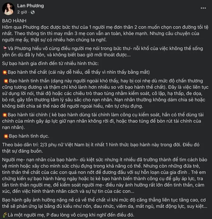 Nữ diễn vi&ecirc;n Lan Phương tiết lộ nhiều g&oacute;c khuất bạo h&agrave;nh sau ly h&ocirc;n - Ảnh 1.