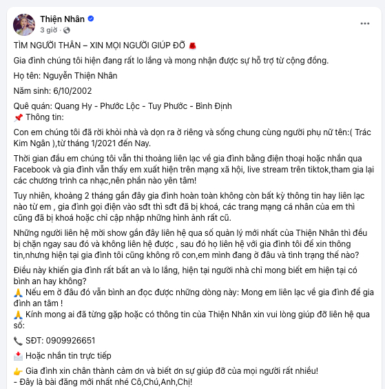 Gia đ&igrave;nh cầu cứu, đăng th&ocirc;ng b&aacute;o khẩn t&igrave;m qu&aacute;n qu&acirc;n Thiện Nh&acirc;n - Ảnh 2.