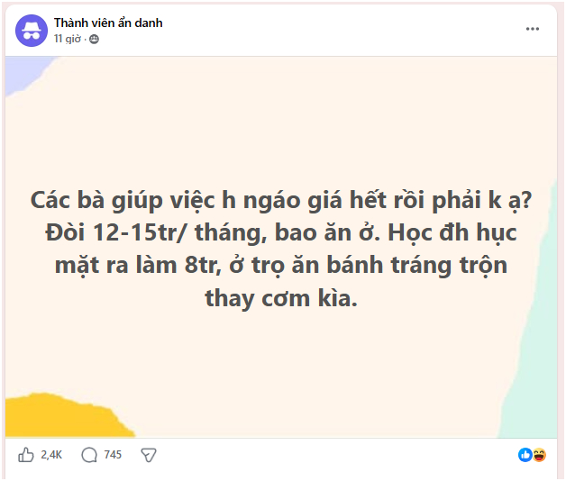 "C&aacute;c b&agrave; gi&uacute;p việc ng&aacute;o gi&aacute; phải kh&ocirc;ng ạ? Đ&ograve;i 12 - 15 triệu bao ăn ở trong khi đại học ra đi l&agrave;m lương 8 triệu"- Ảnh 1.