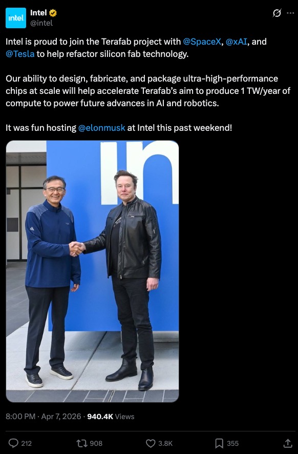 Intel hợp t&aacute;c Elon Musk khởi động dự &aacute;n Terafab th&aacute;ch thức TSMC trong năm 2026 - Ảnh 1.