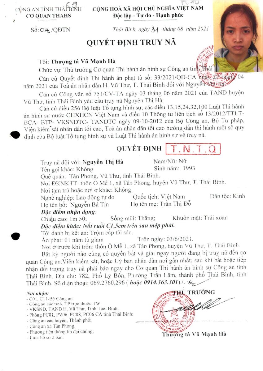 Truy n&atilde; to&agrave;n quốc Nguyễn Thị H&agrave; ( SN 1993 ) về h&agrave;nh vi trộm cắp t&agrave;i sản - Ảnh 1.