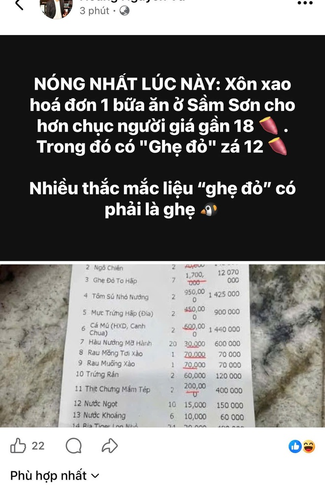 X&ocirc;n xao h&oacute;a đơn bữa ăn gần 18 triệu đồng, trong đ&oacute; ghẹ đỏ 1,7 triệu đồng/kg ở Sầm Sơn - Ảnh 1.