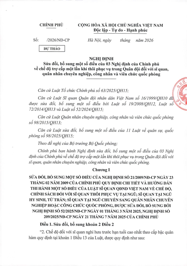 Dự thảo Nghị định về chế độ trợ cấp 1 lần khi th&ocirc;i phục vụ trong Qu&acirc;n đội- Ảnh 1.