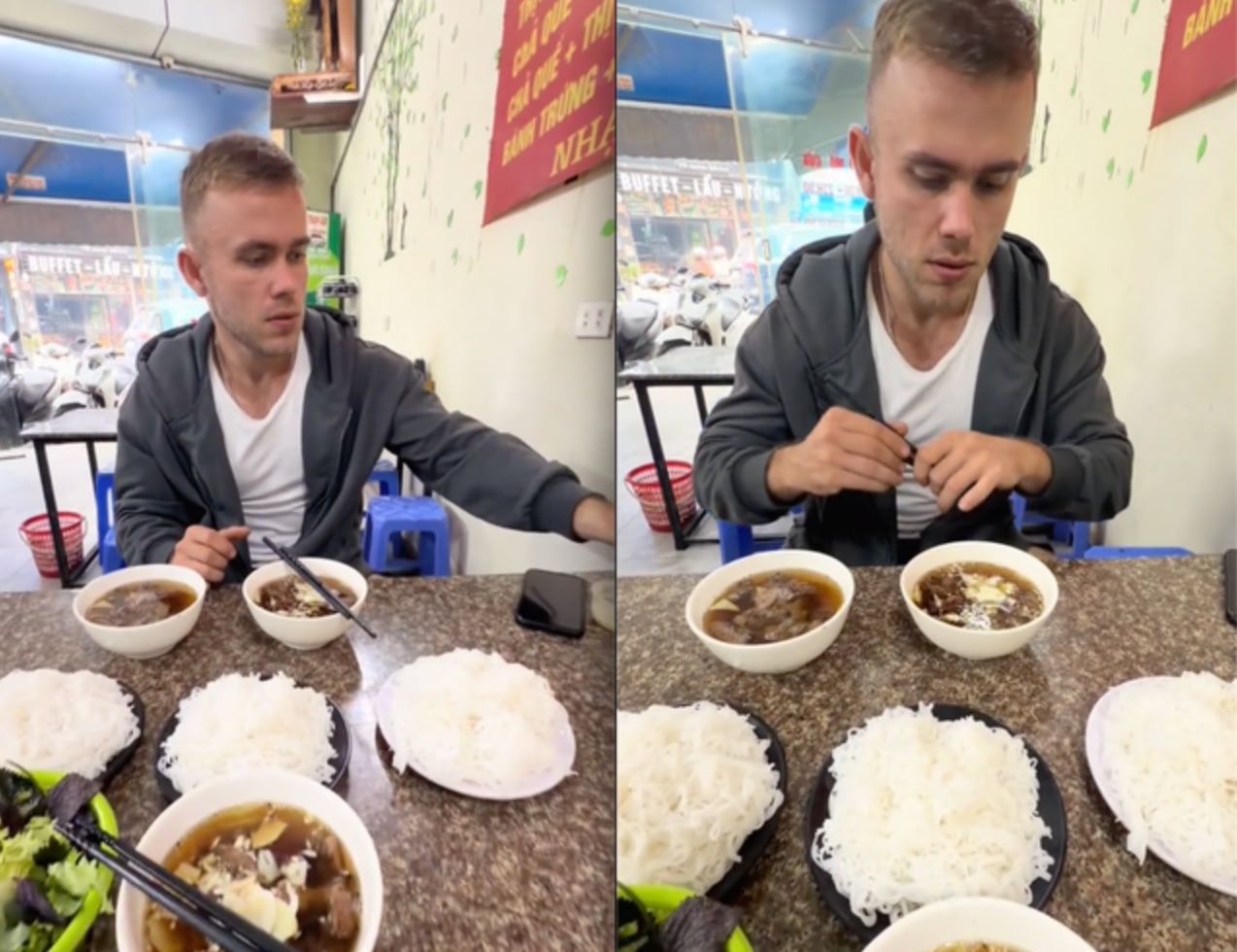 Nữ du kh&aacute;ch lạy chủ qu&aacute;n sau khi thưởng thức b&uacute;n chả H&agrave; Nội qu&aacute; ngon - Ảnh 8.