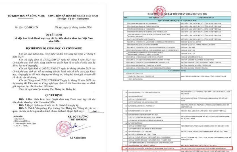 Tạp ch&iacute; Thanh ni&ecirc;n: Nghi&ecirc;n cứu Khoa học Thanh ni&ecirc;n được c&ocirc;ng nhận l&agrave; tạp ch&iacute; đạt chuẩn Tạp ch&iacute; khoa học Việt Nam năm 2026- Ảnh 1.