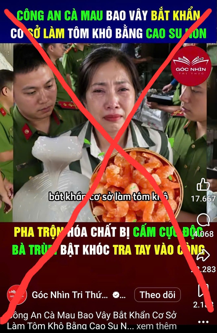 Xác định đối tượng phát tán tin "làm tôm khô bằng cao su non" ở Cà Mau - Ảnh 1.