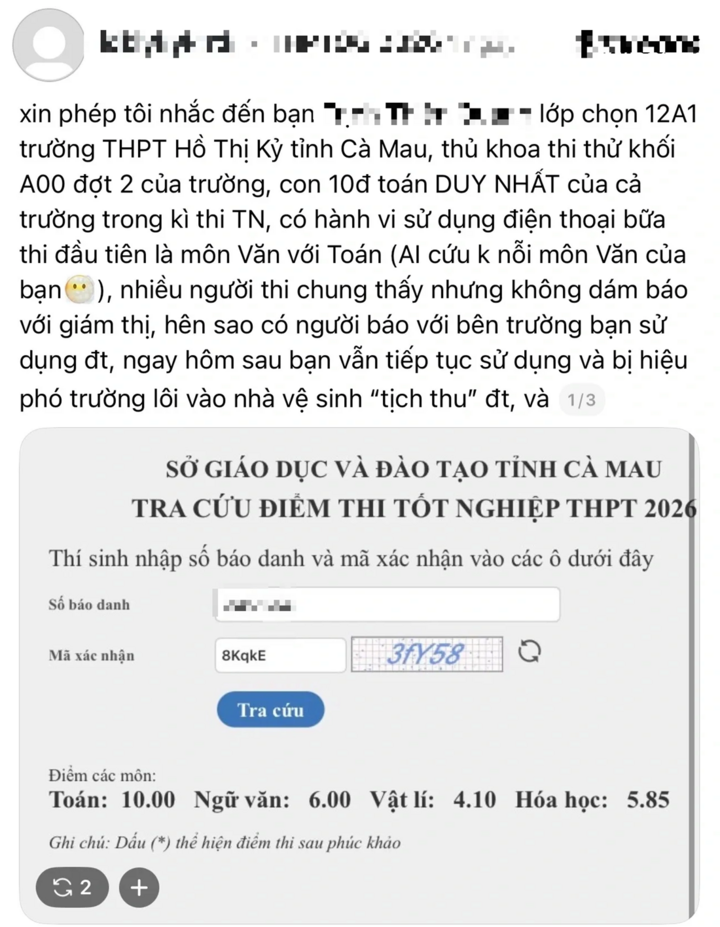 C&agrave; Mau: Th&iacute; sinh d&ugrave;ng điện thọai trong giờ thi To&aacute;n , sẽ hủy kết quả 2026 - Ảnh 1.