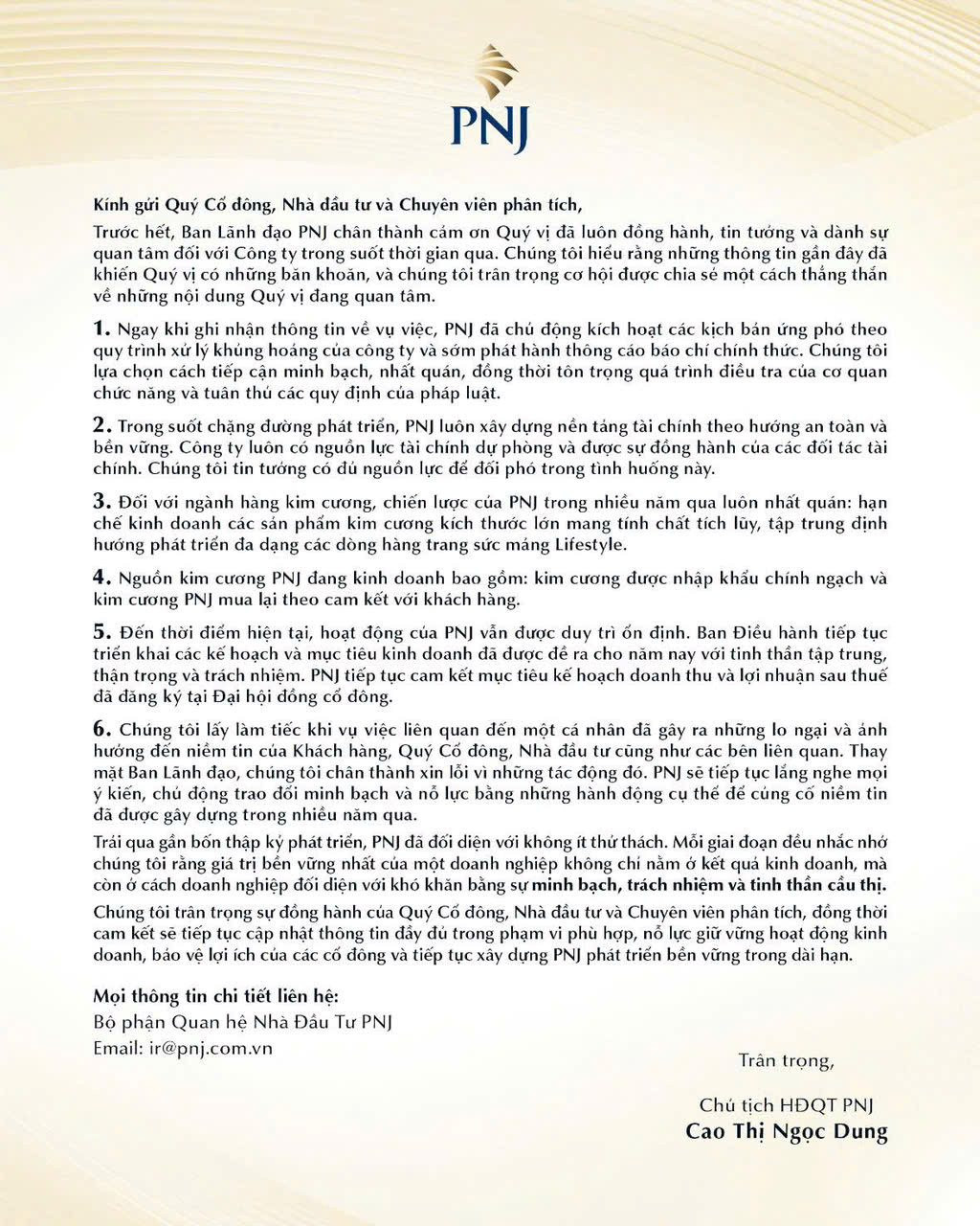 Chủ tịch PNJ Cao Thị Ngọc Dung viết t&acirc;m thư xin lỗi cổ đ&ocirc;ng - Ảnh 2.