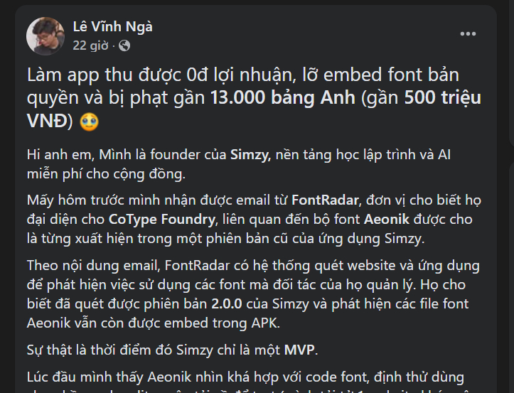 Founder Việt kể chuyện bị đ&ograve;i hơn 13.000 Bảng Anh v&igrave; font chữ trong app - Ảnh 1.