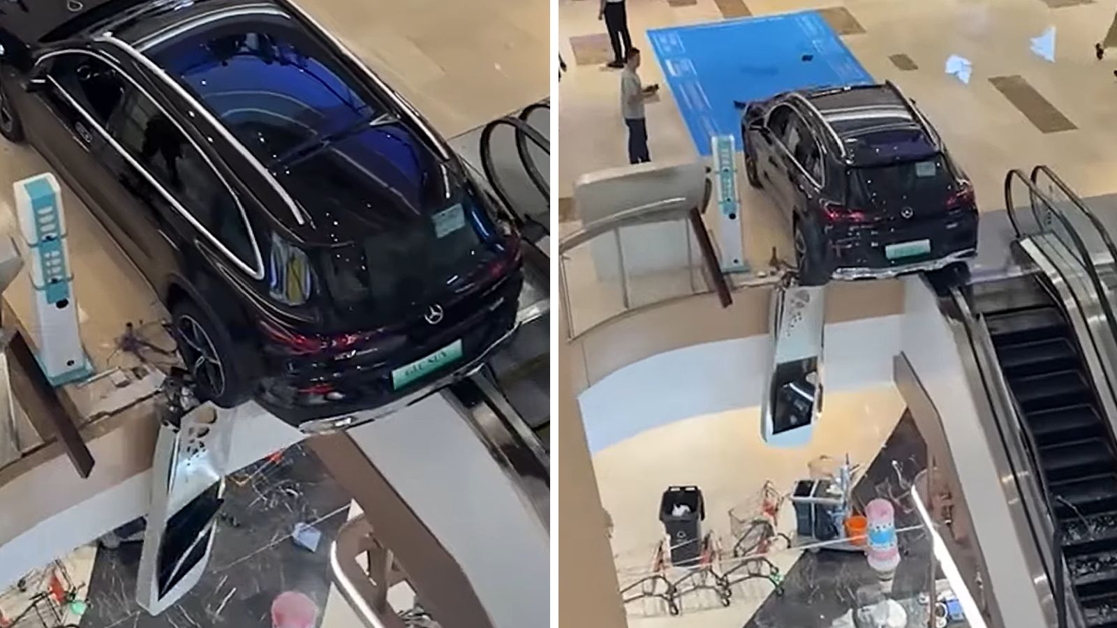 Nhầm ch&acirc;n ga, chiếc Mercedes lao xuy&ecirc;n lan can trung t&acirc;m thương mại - Ảnh 1.