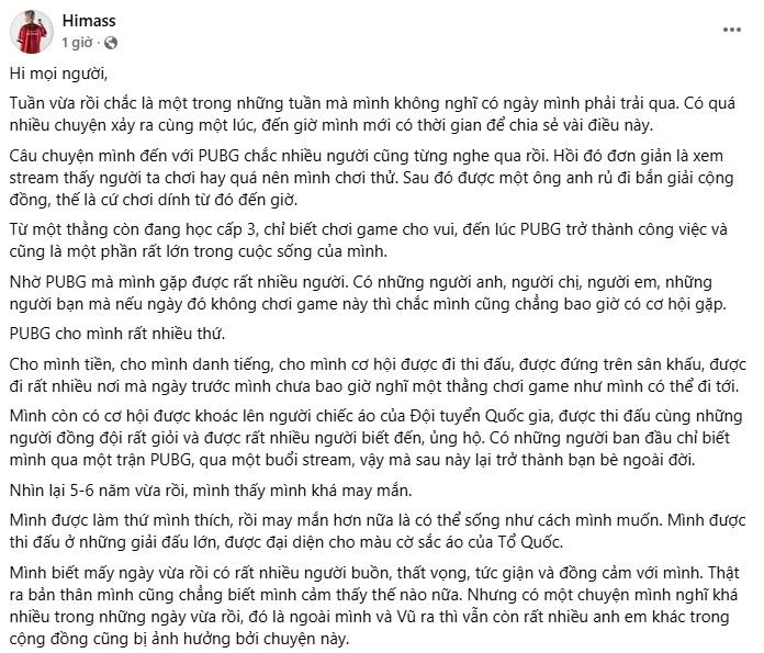 Himass chính thức giải nghệ PUBG PC sau án phạt từ KRAFTON - Ảnh 2. Himass chính thức giải nghệ PUBG PC sau án phạt từ KRAFTON - Ảnh 2.