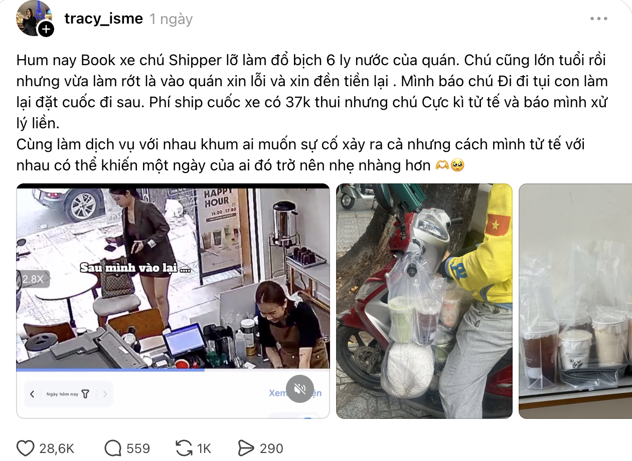 Shipper l&agrave;m đổ 6 ly nước v&agrave; xin đền tiền, video ghi lại c&aacute;ch chủ qu&aacute;n xử l&yacute; t&igrave;nh huống lan truyền ch&oacute;ng mặt- Ảnh 1.