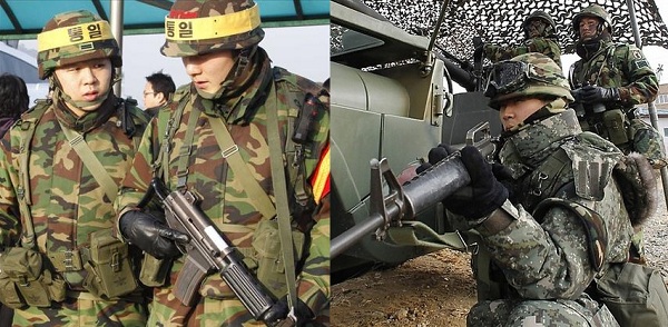 Quân phục kiểu cũ của Hàn Quốc (trái) và kiểu mới (phải)
