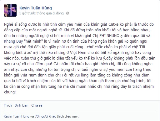 Kevin Tuấn Hùng nhắn nhủ Phi Nhung: Tôi và bạn bằng nhau!