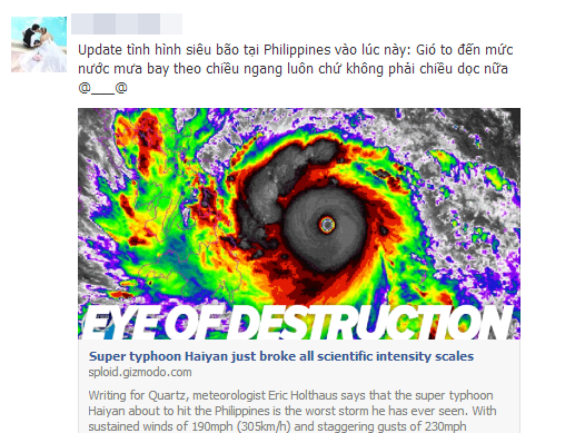 
	Cộng đồng mạng cập nhật liên tục tình hình và diễn biến mới nhất của siêu bão Haiyan