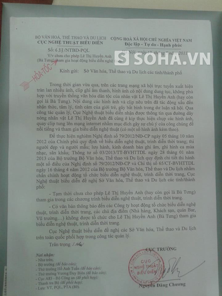 Toàn văn Công văn hỏa tốc cấm Lê Thị Huyền Anh (Bà Tưng) biểu diễn trên cả nước