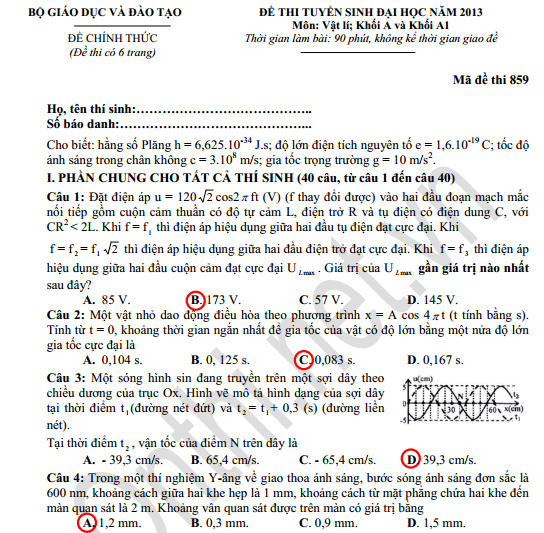 Tổng hợp đáp án của đề thi môn Vật lí khối A và A1 năm 2013