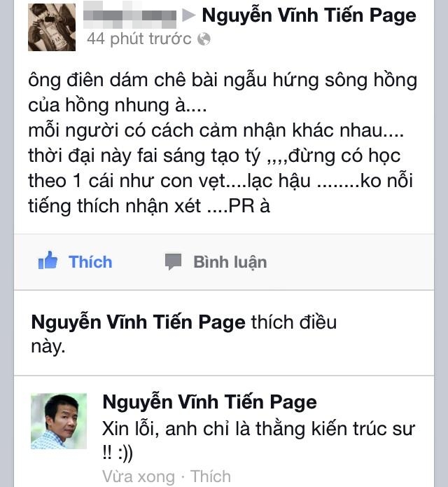 	Phản ứng của một fan Hồng Nhung trên Fanpage của Nguyễn Vĩnh Tiến