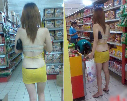 
	Trước rất đông người nhưng cô gái này vẫn vô tư mặc đồ để hở hết lưng nên người
	dân nơi đây đặt cho cô biệt danh là “cô gái hở đi siêu thị”