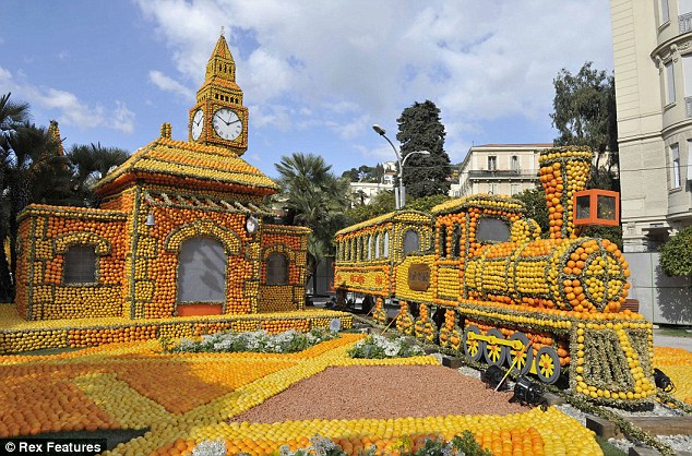 A train sculpture made from oranges and lemons ahead of the annual festival on the French Riviera