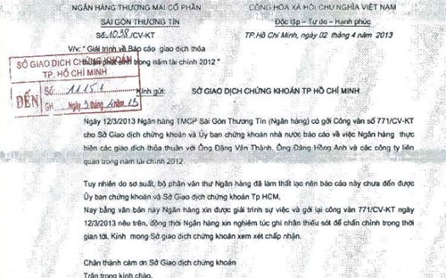 
	Một góc công văn giải trình việc thất lạc báo cáo giao dịch thỏa thuận gửi HOSE của Sacombank.