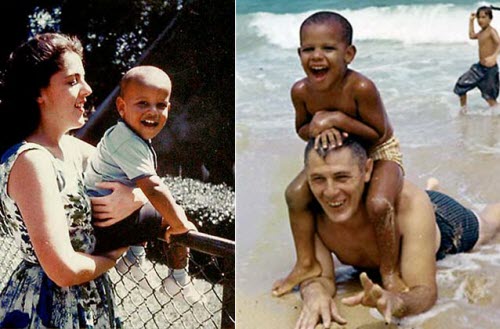 Cậu bé Obama chụp cùng mẹ Stanley Ann Dunham tại Hawaii (trái) và chơi đùa cùng ông ngoại trên bờ biển (phải). Suốt 6 năm đầu đời, Obama chủ yếu sống ở Hawaii cùng mẹ và ông bà ngoạ
