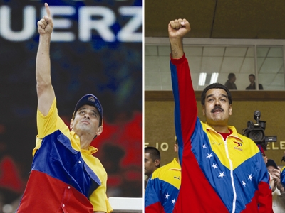 2 ứng viên Henrique Capriles (trái) và Nicolas Maduro